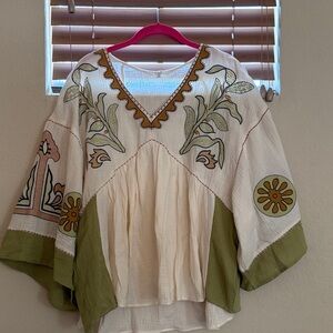 Easel Embroidered Blouse - Green and Cream
